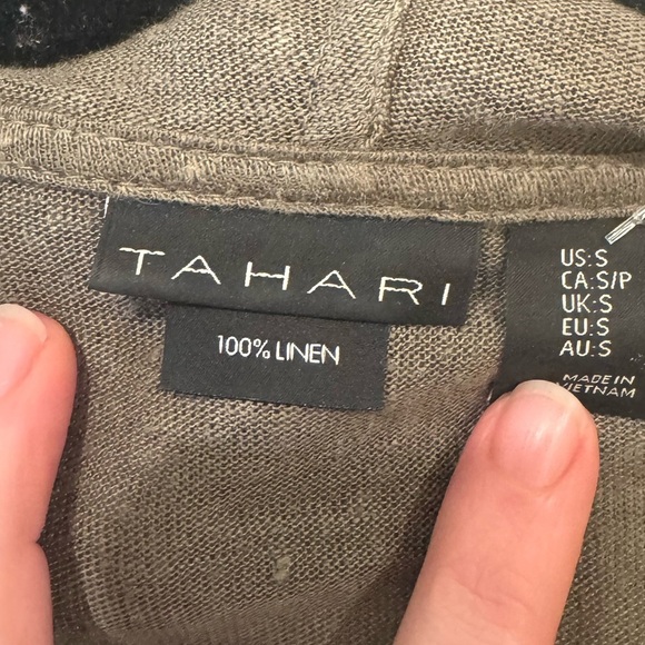 Tahari Cardigan Size S Olive Green 100% Linen  Open Front Hooded - Picture 3 of 6